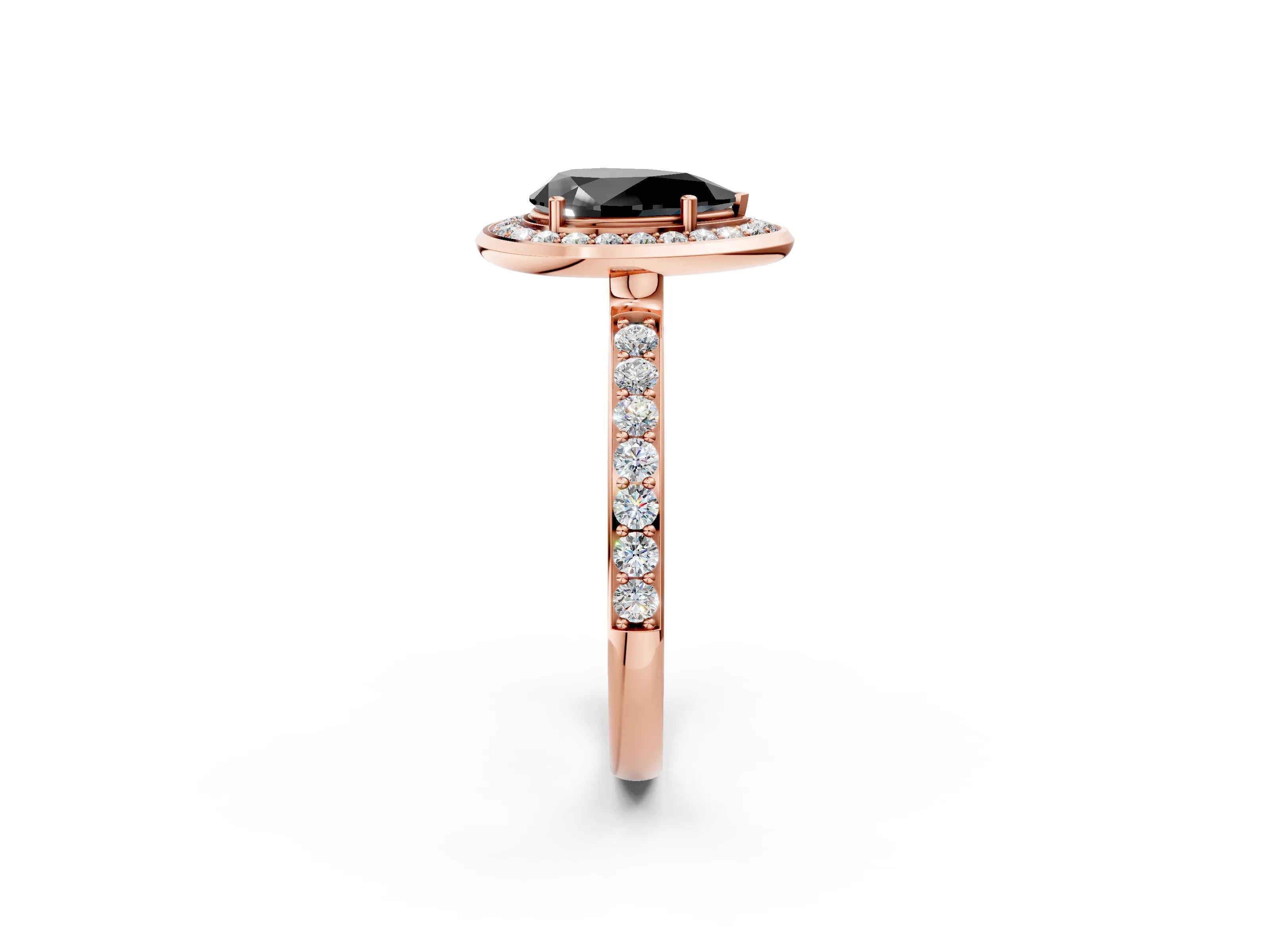 Rose gold Fancy Black Pear Cut Diamond Halo Ring with Bezel Frame and Pavé Band_2