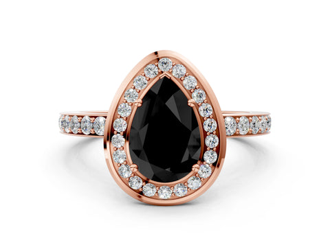 Rose gold Fancy Black Pear Cut Diamond Halo Ring with Bezel Frame and Pavé Band