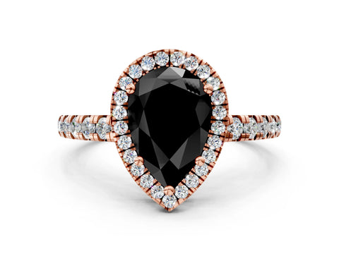 Rose gold Fancy Black Pear Cut Diamond Halo Ring with Pavé Band and Four-Prong Setting