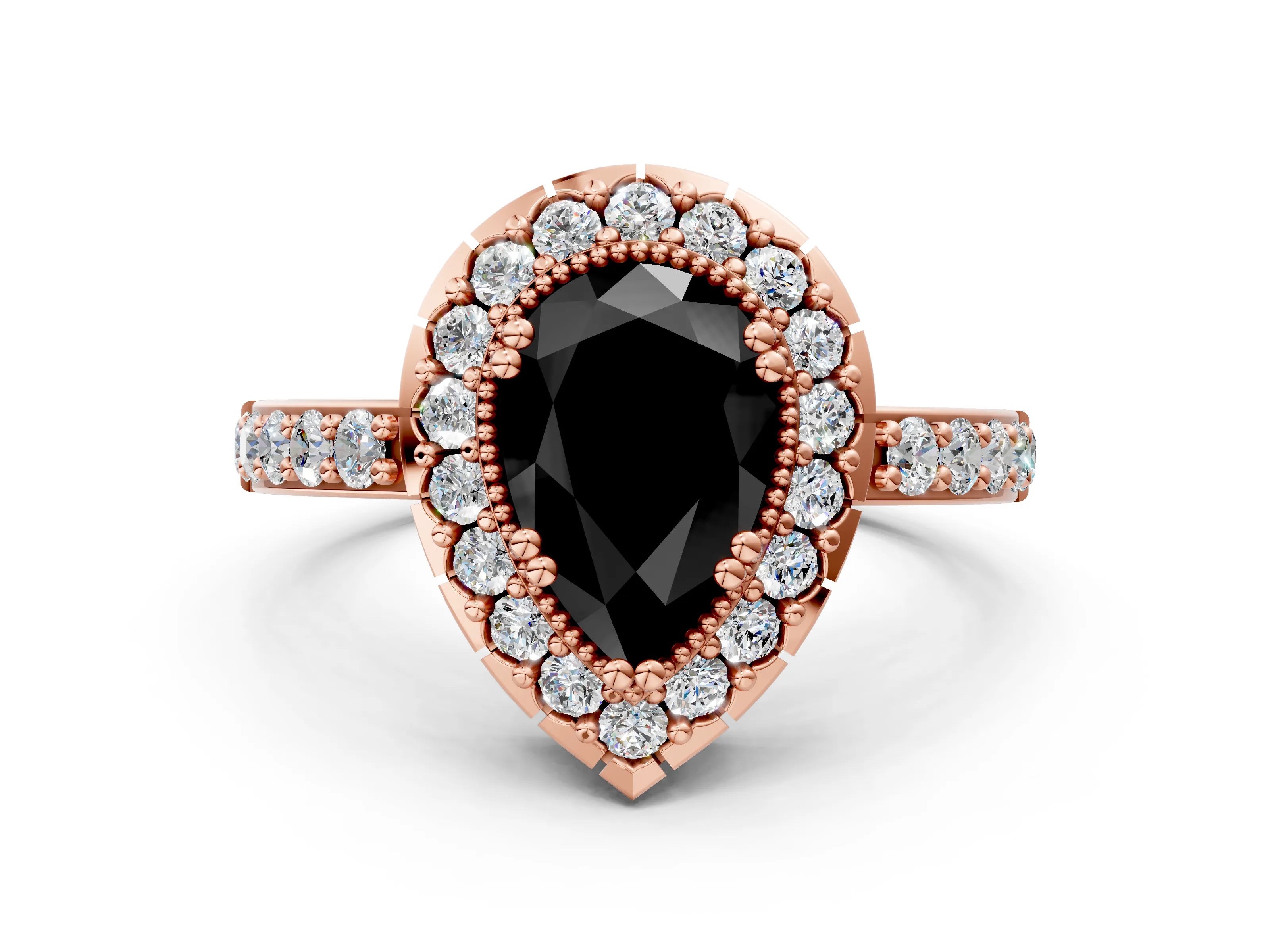 Rose gold Fancy Black Pear Cut Diamond Halo Ring with Pavé Band and Prong Setting