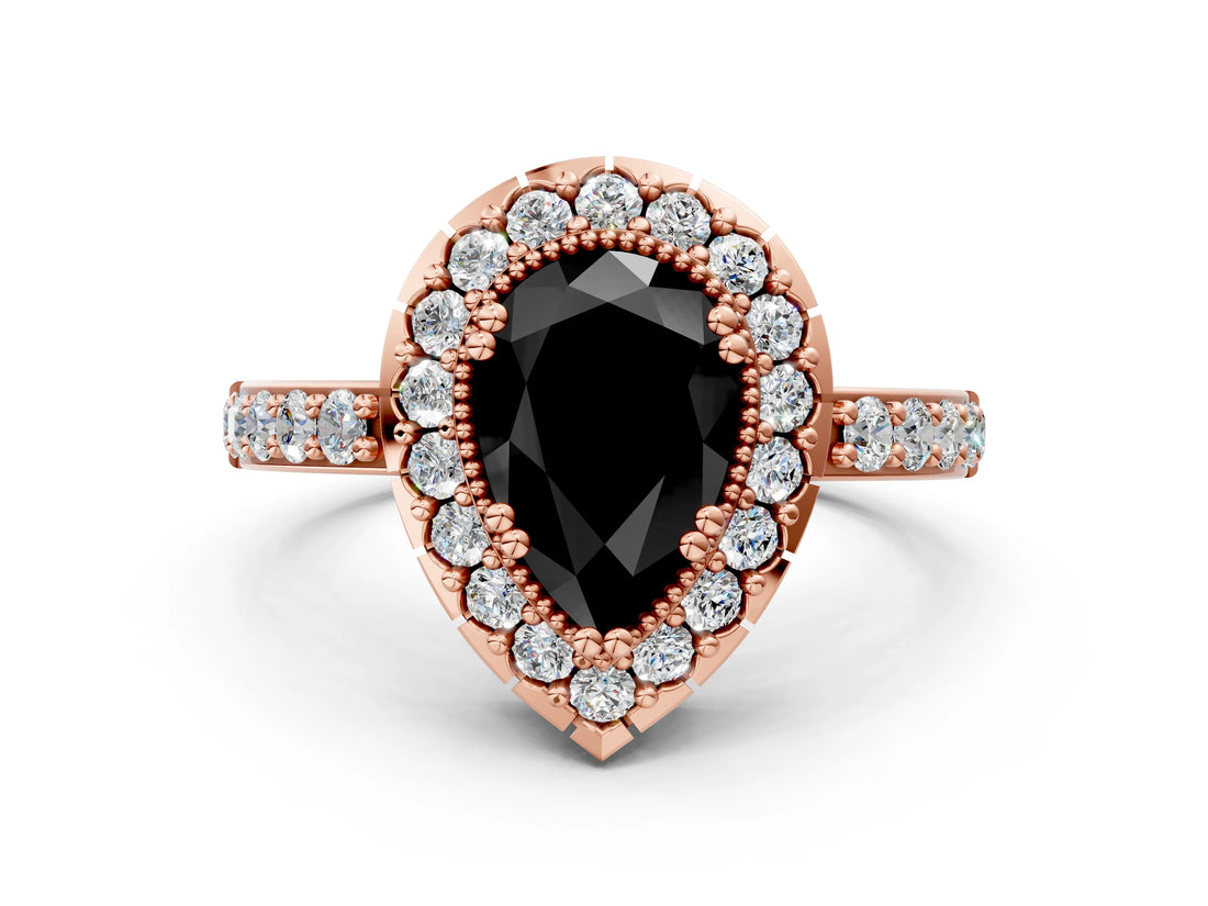 Rose gold Fancy Black Pear Cut Diamond Halo Ring with Pavé Band and Prong Setting