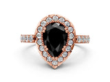 Rose gold Fancy Black Pear Cut Diamond Halo Ring with Pavé Band and Prong Setting