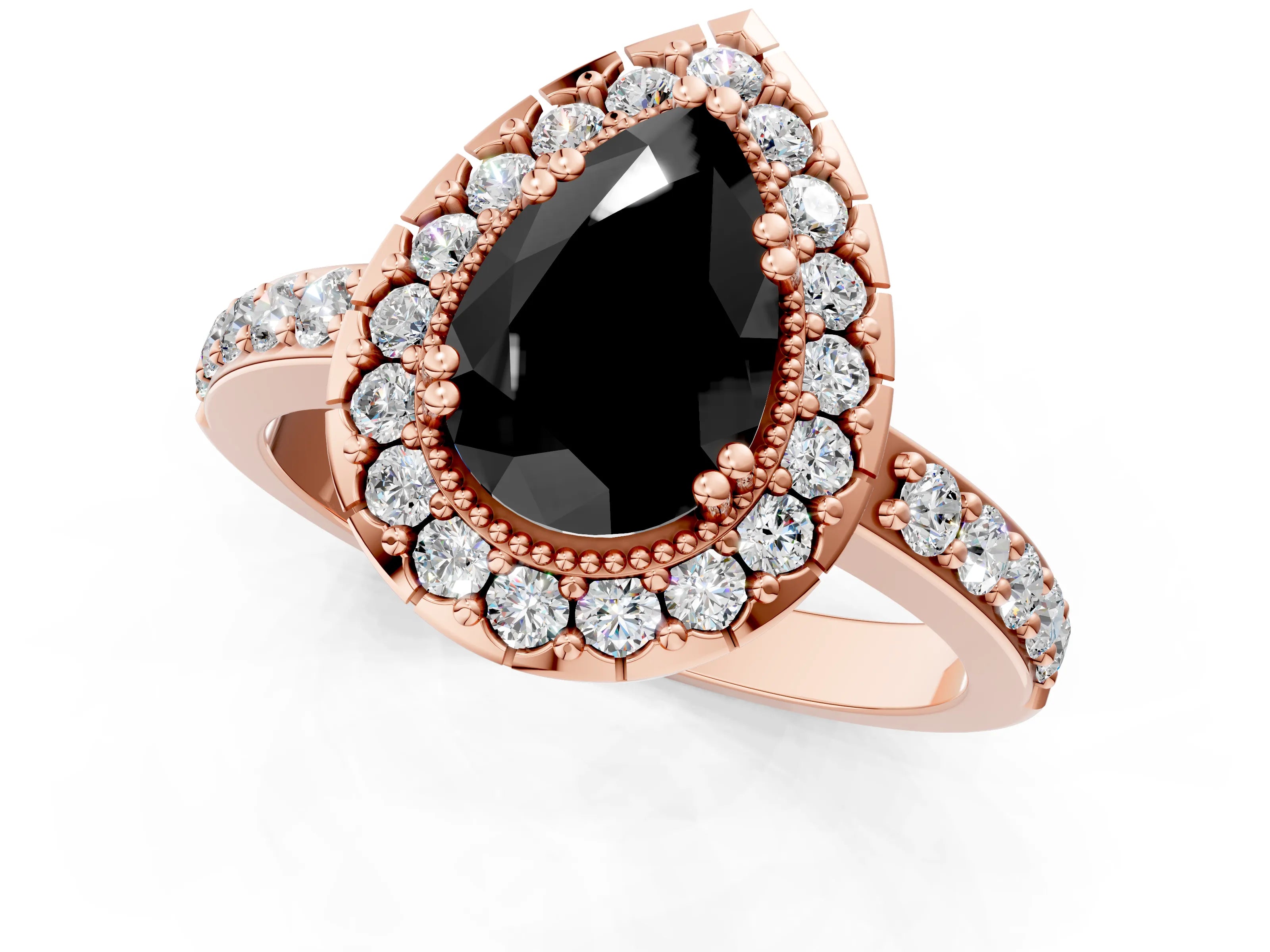 Rose gold Fancy Black Pear Cut Diamond Halo Ring with Pavé Band and Prong Setting_1