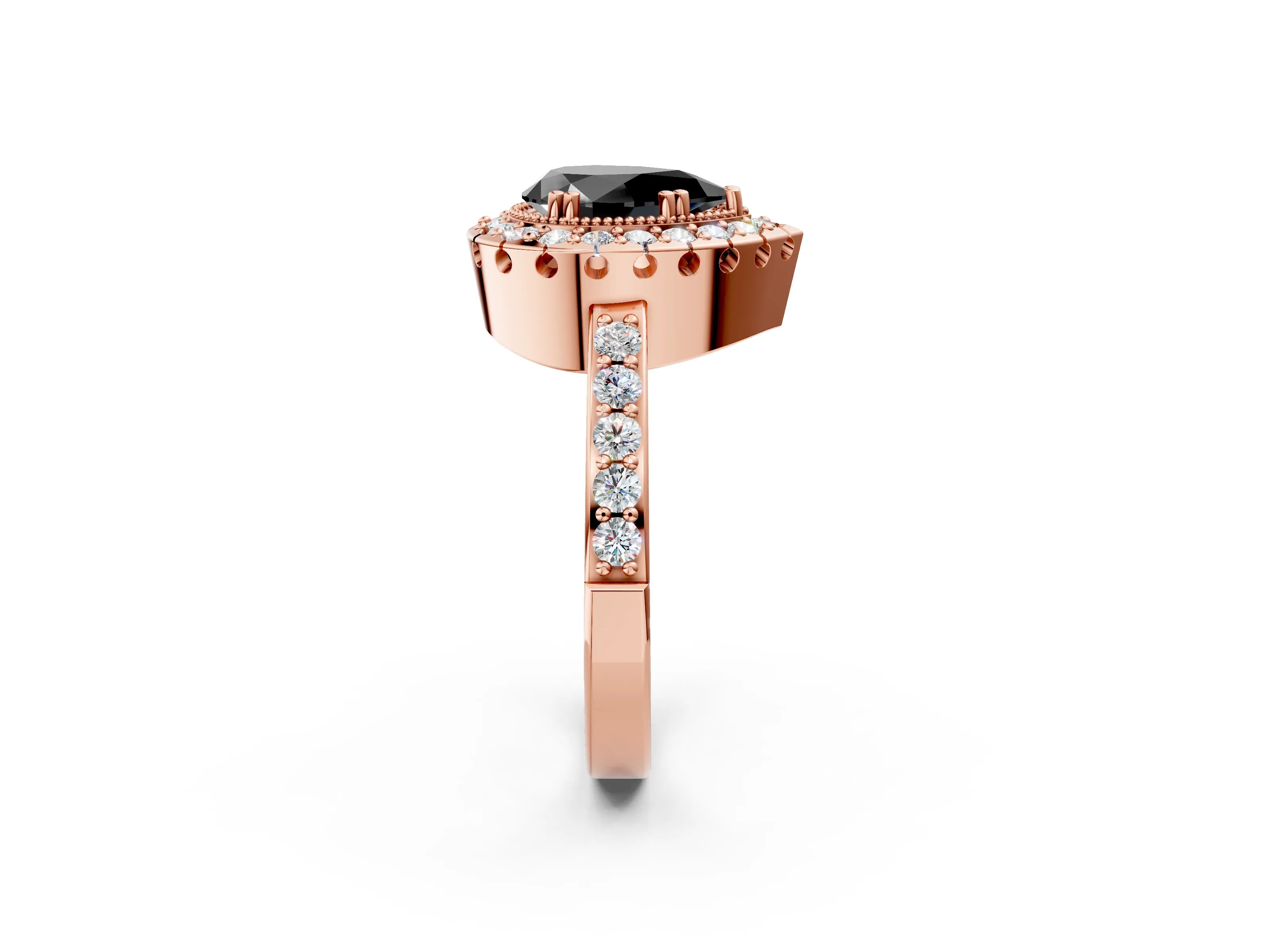 Rose gold Fancy Black Pear Cut Diamond Halo Ring with Pavé Band and Prong Setting_2