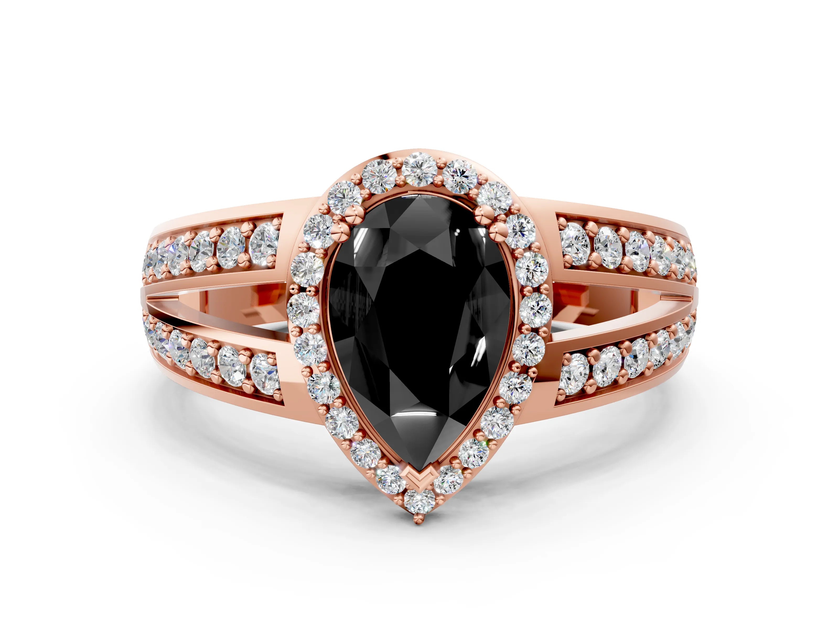 Rose gold Fancy Black Pear Cut Diamond Halo Ring with Split Shank Pavé Band and Four-Prong Setting