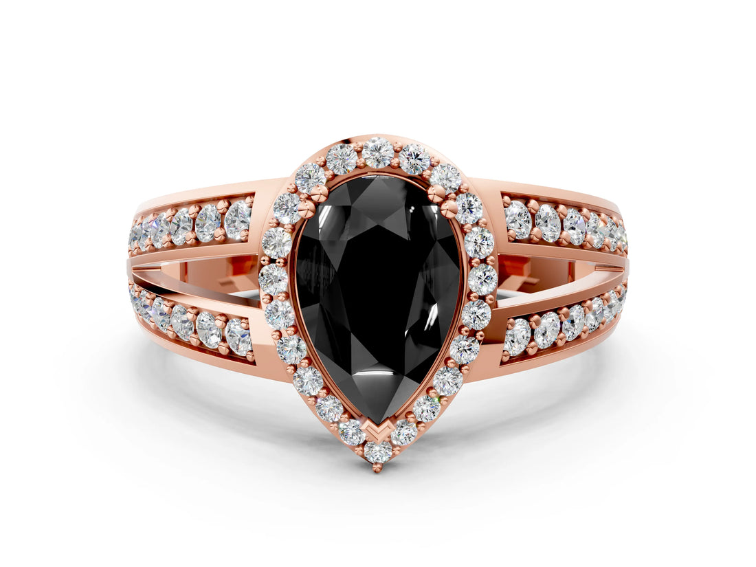Rose gold Fancy Black Pear Cut Diamond Halo Ring with Split Shank Pavé Band and Four-Prong Setting