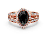 Rose gold Fancy Black Pear Cut Diamond Halo Ring with Split Shank Pavé Band and Four-Prong Setting