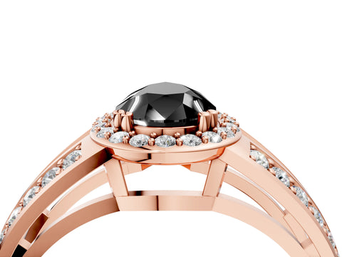 Rose gold Fancy Black Pear Cut Diamond Halo Ring with Split Shank Pavé Band and Four-Prong Setting_4