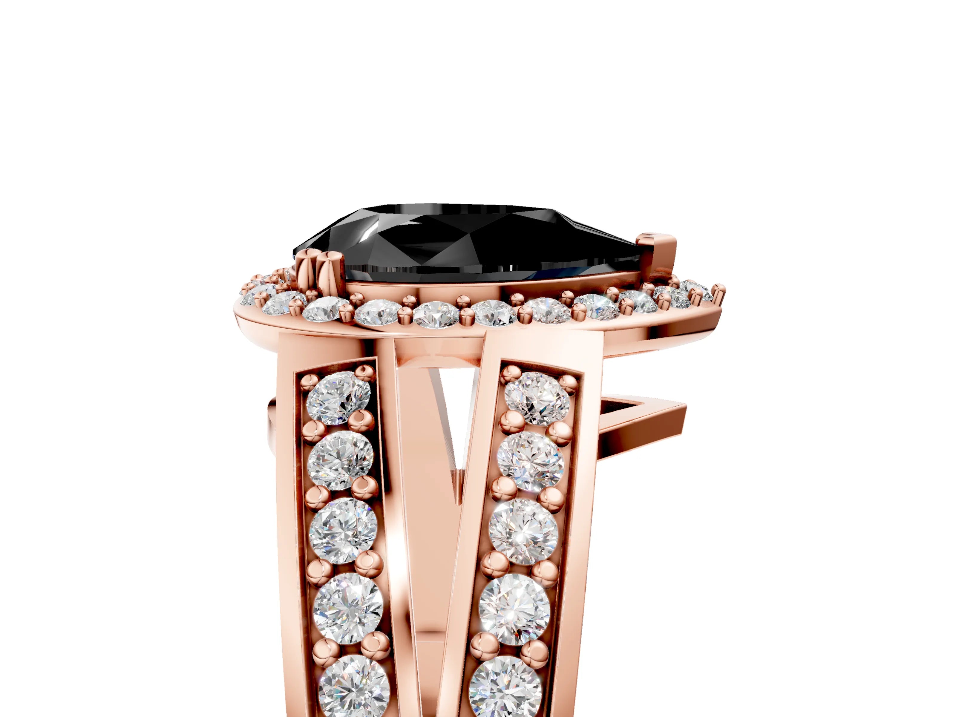 Rose gold Fancy Black Pear Cut Diamond Halo Ring with Split Shank Pavé Band and Four-Prong Setting_5