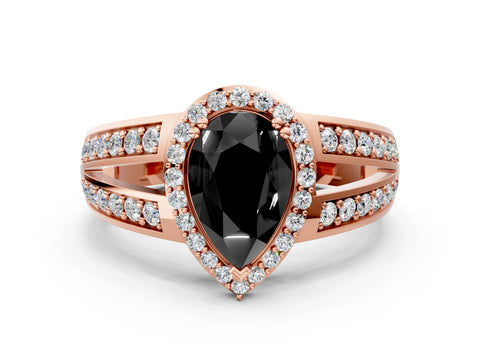 Rose gold Fancy Black Pear Cut Diamond Halo Ring with Split Shank Pavé Band and Four-Prong Setting