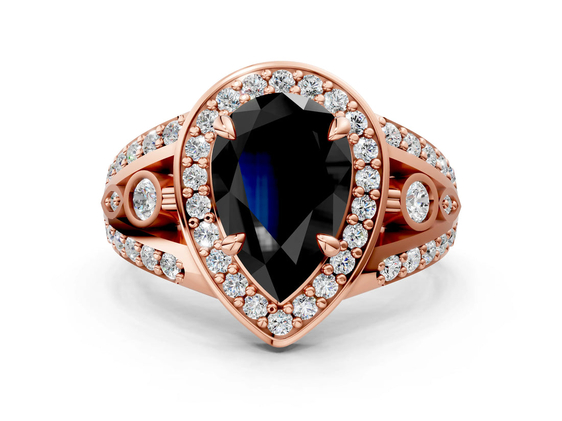 Rose gold Fancy Black Pear Cut Diamond Halo Ring with Split Shank and Bezel Accents and Four-Prong Setting