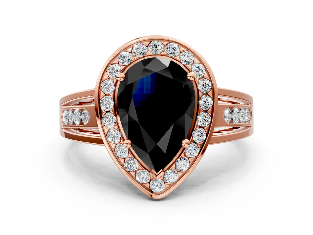 Rose gold Fancy Black Pear Cut Diamond Halo Ring with Split Shank and Bezel Accents and Prong Setting