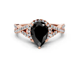 Rose gold Fancy Black Pear Cut Diamond Halo Twist Band Solitaire Prong Setting Ring