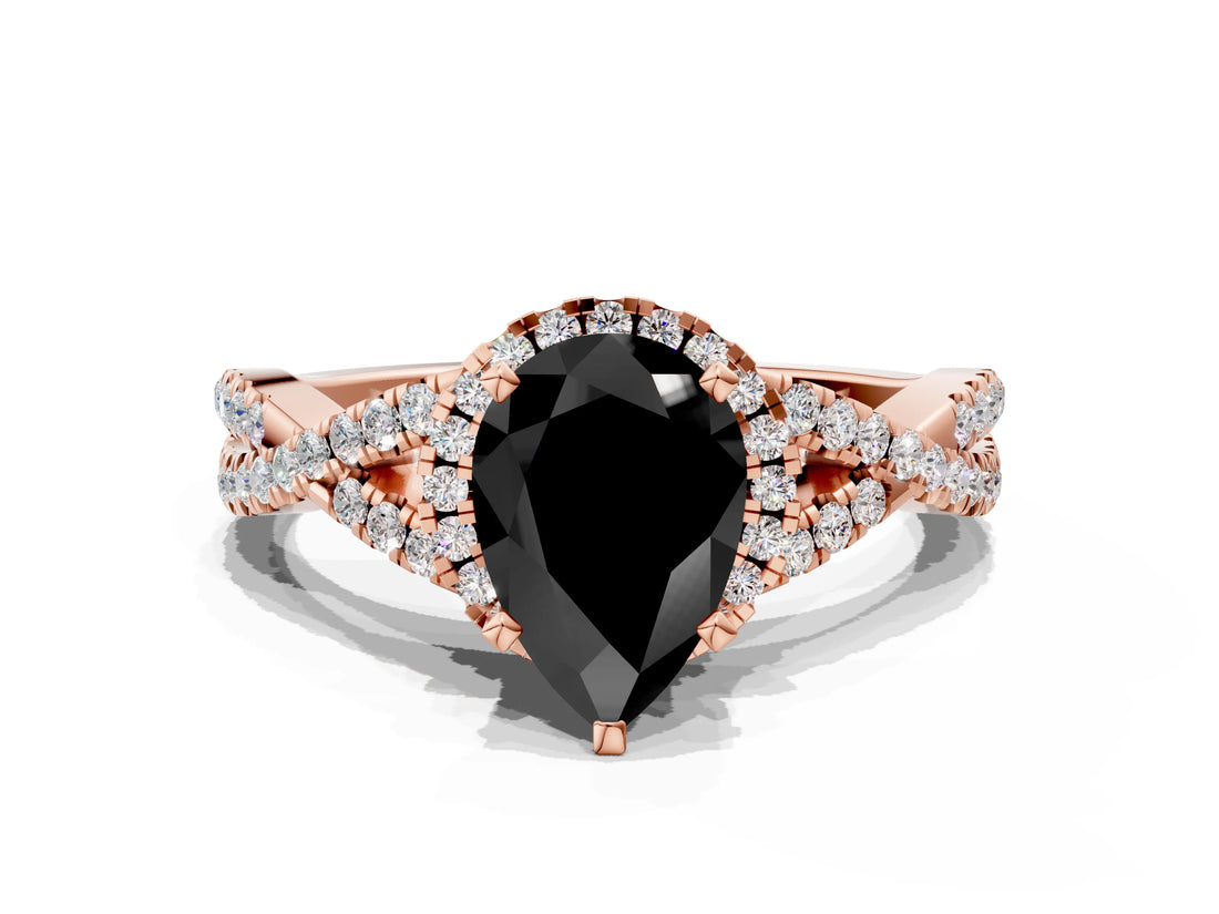Rose gold Fancy Black Pear Cut Diamond  Halo Twist Band Solitaire Prong Setting Ring_42