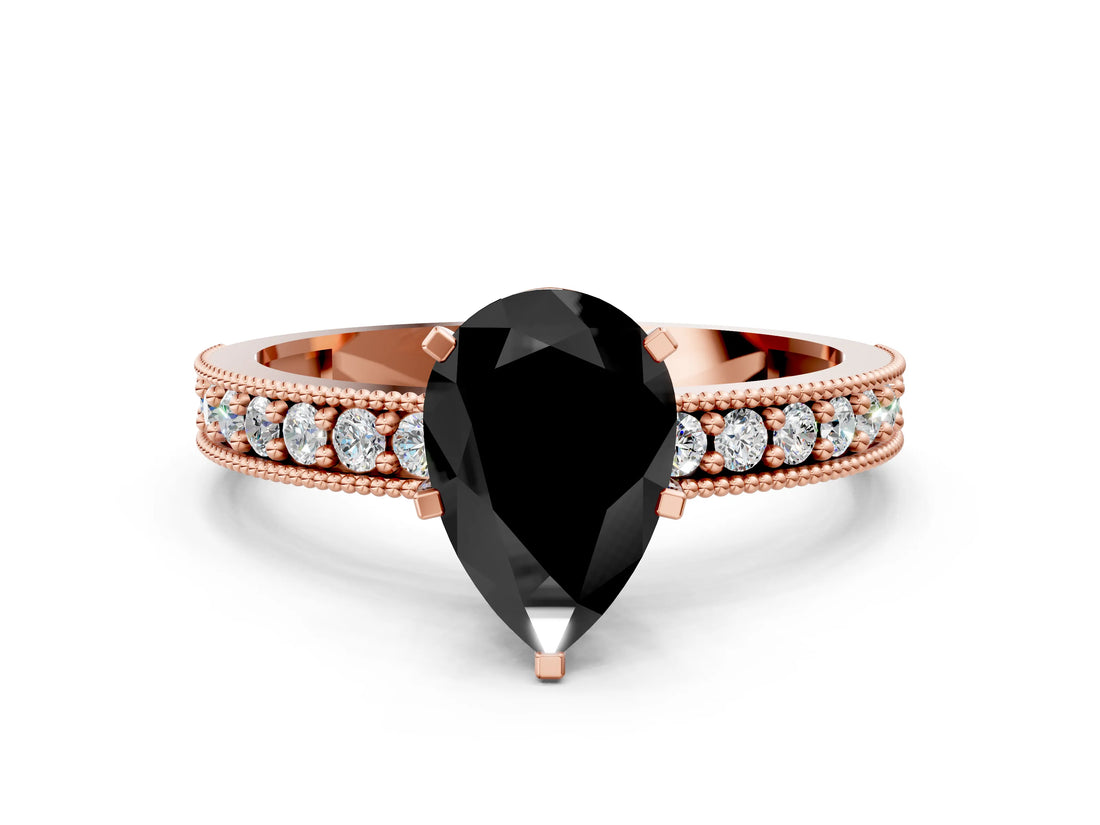 Rose gold Fancy Black Pear Cut Diamond Milgrain Pavé Engagement Ring with Four-Prong Setting