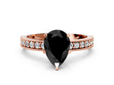 Rose gold Fancy Black Pear Cut Diamond Milgrain Pavé Engagement Ring with Four-Prong Setting