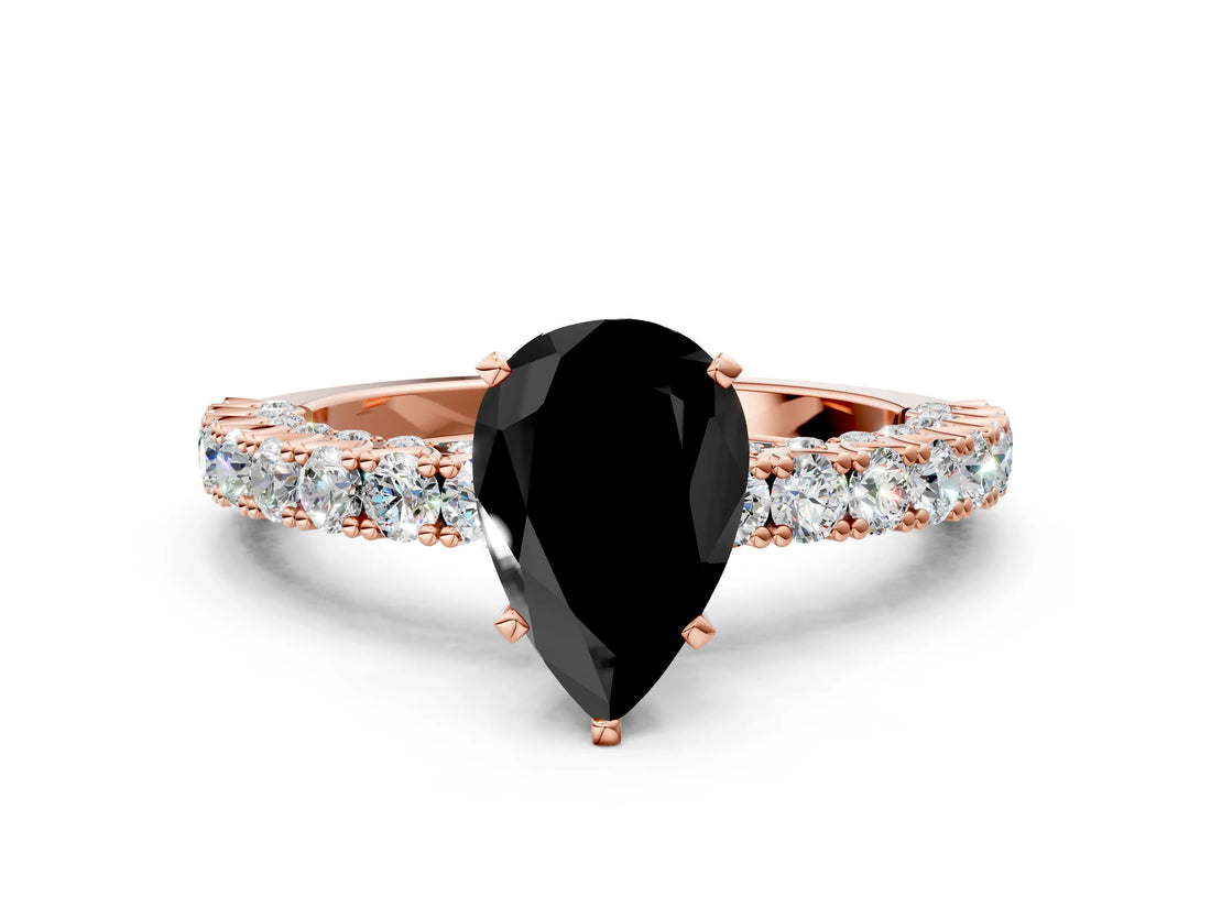 Rose gold Fancy Black Pear Cut Diamond Pavé Band Solitaire Ring with Prong Setting_12