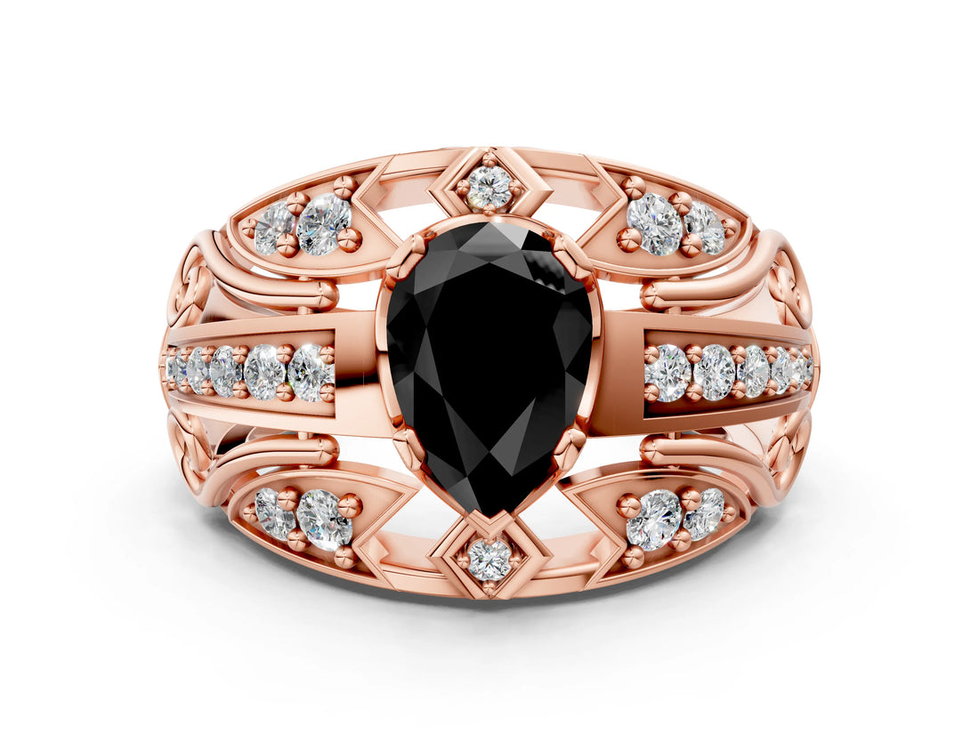 Rose gold Fancy Black Pear Cut Diamond Pave Art Deco Split Shank Ring with Four-Prong Setting