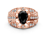Rose gold Fancy Black Pear Cut Diamond Pave Art Deco Split Shank Ring with Four-Prong Setting