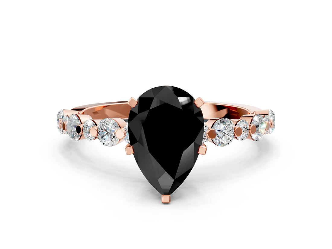 Rose gold Fancy Black Pear Cut Diamond Prong Set Engagement Ring with Pave Band