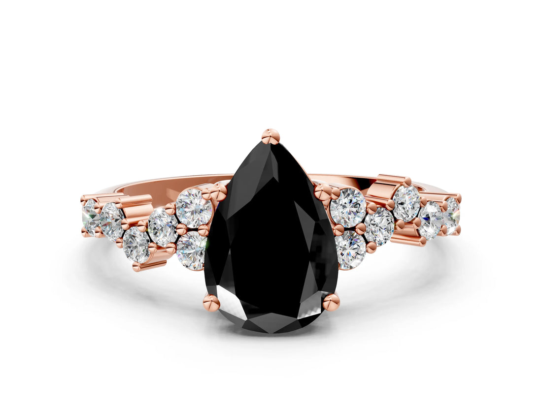 Rose gold Fancy Black Pear Cut Diamond Scattered Round Accent Ring with Prong Setting_12