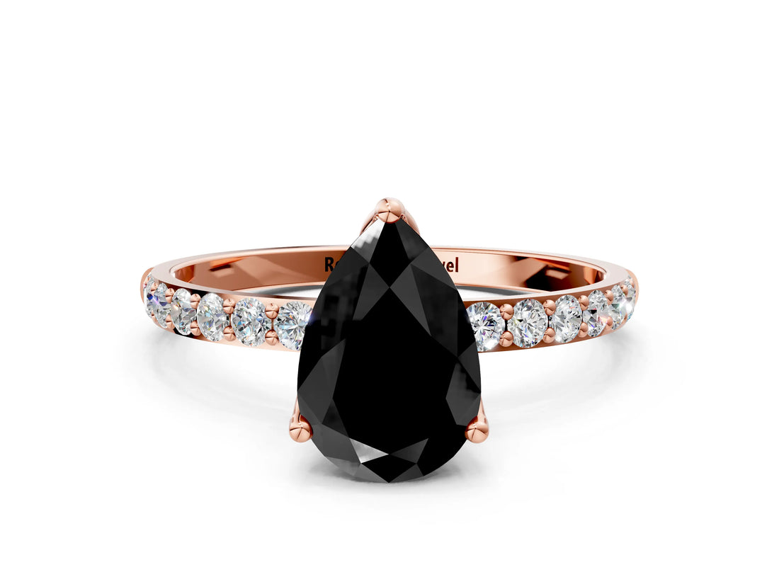 Rose gold Fancy Black Pear Cut Diamond Solitaire Engagement Ring with Pavé Band and Prong Setting