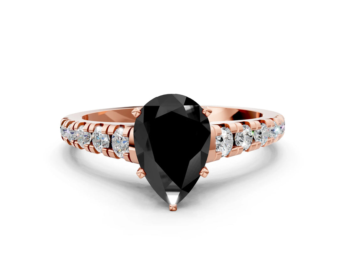 Rose gold Fancy Black Pear Cut Diamond Solitaire Ring with Cathedral Setting and Pavé Band