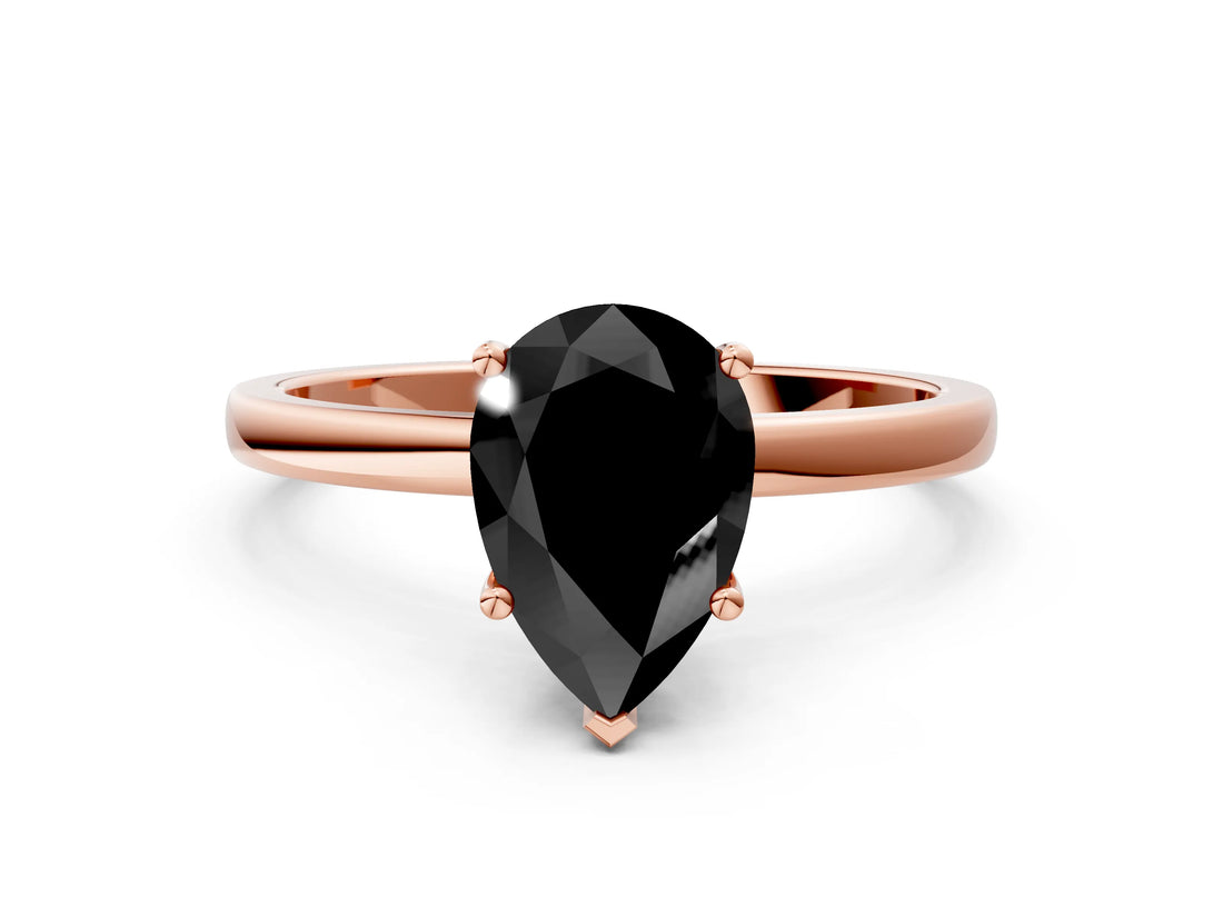 Rose gold Fancy Black Pear Cut Diamond Solitaire Ring with Classic Band and Four-Prong Setting