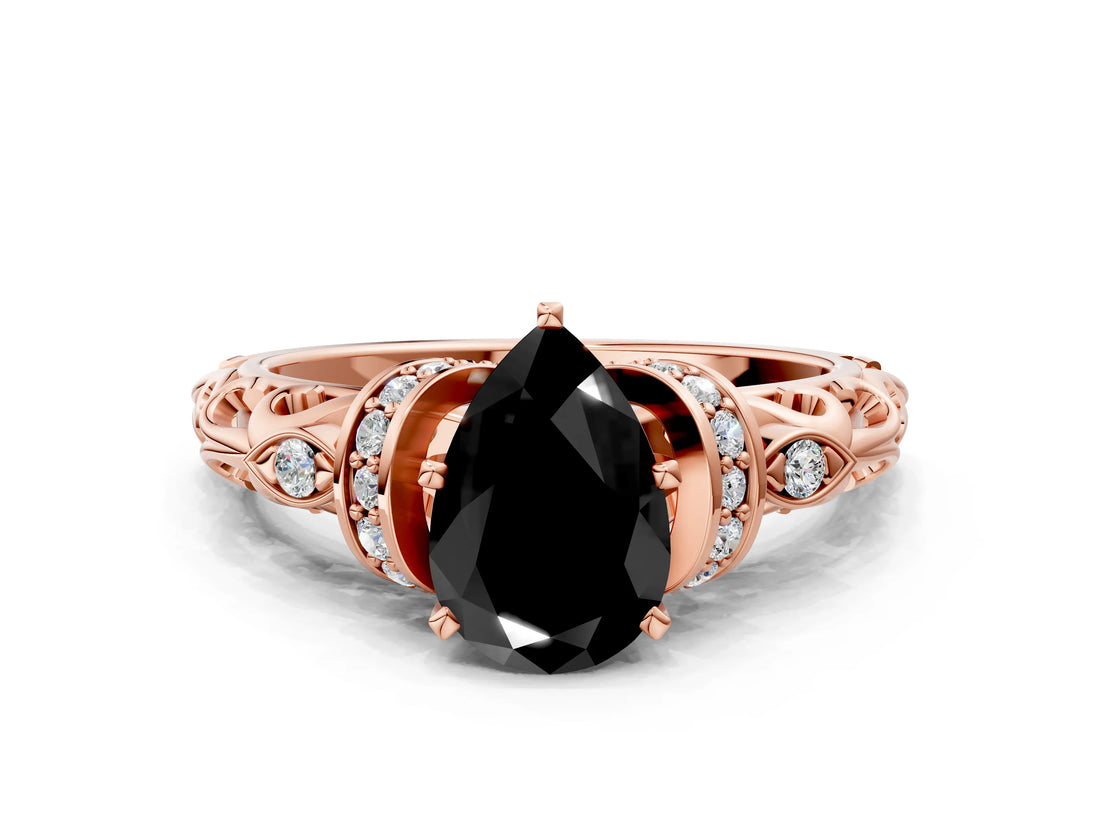 Rose gold Fancy Black Pear Cut Diamond Solitaire Ring with Filigree Band and Four-Prong Setting