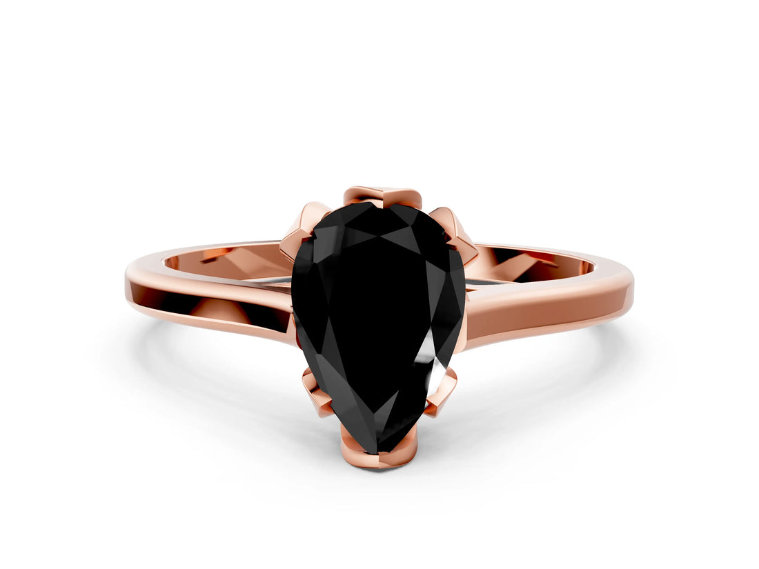 Rose gold Fancy Black Pear Cut Diamond Solitaire Ring with Flower Prong Setting and Classic Band_36