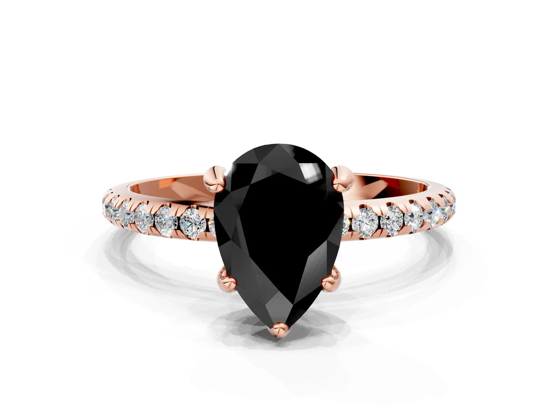 Rose gold Fancy Black Pear Cut Diamond Solitaire Ring with Four-Prong Setting and Pavé Band_3