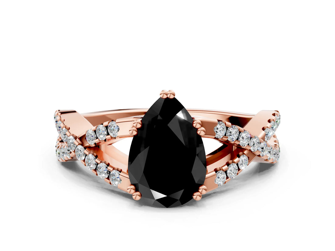 Rose gold Fancy Black Pear Cut Diamond Solitaire Ring with Four-Prong Setting and Twisted Pavé Band
