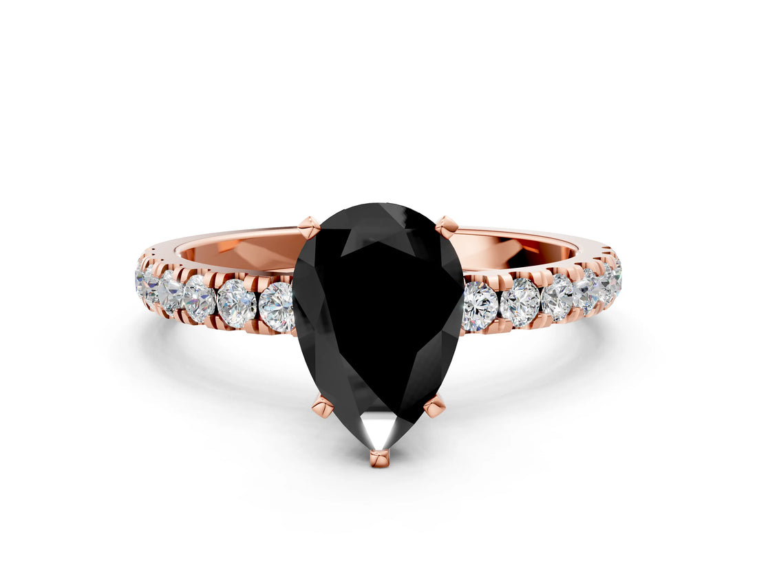 Rose gold Fancy Black Pear Cut Diamond Solitaire Ring with Pavé Accents and Four-Prong Setting