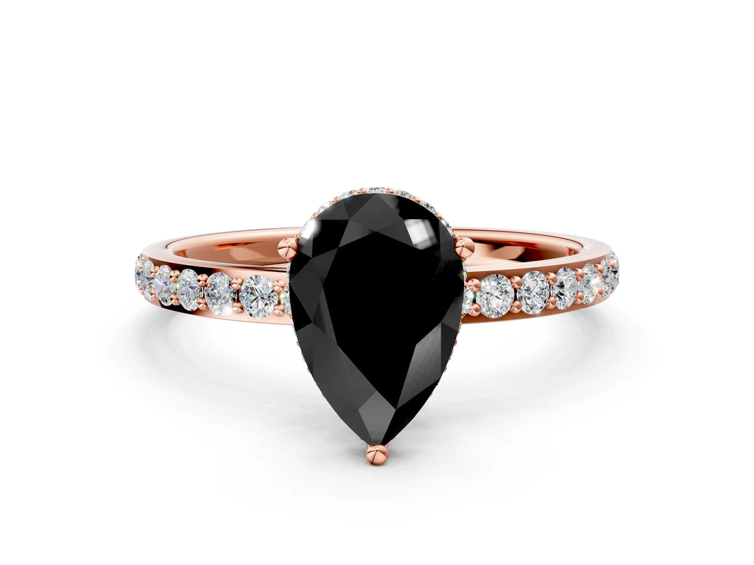 Rose gold Fancy Black Pear Cut Diamond Solitaire Ring with Pavé Band and Hidden Halo_12