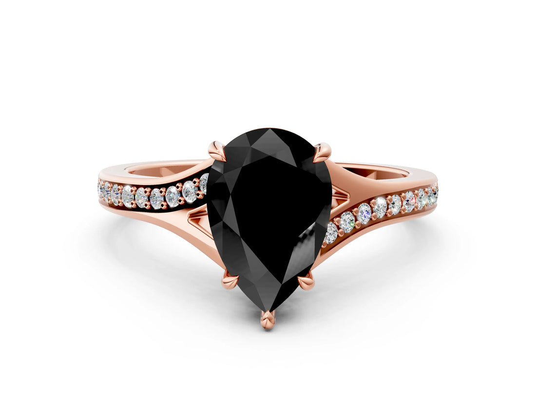Rose gold Fancy Black Pear Cut Diamond Solitaire Ring with Pavé Band and Prong Setting_12