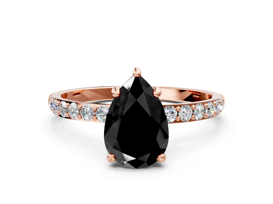 Rose gold Fancy Black Pear Cut Diamond Solitaire Ring with Pave Band and Four Prong Setting_12