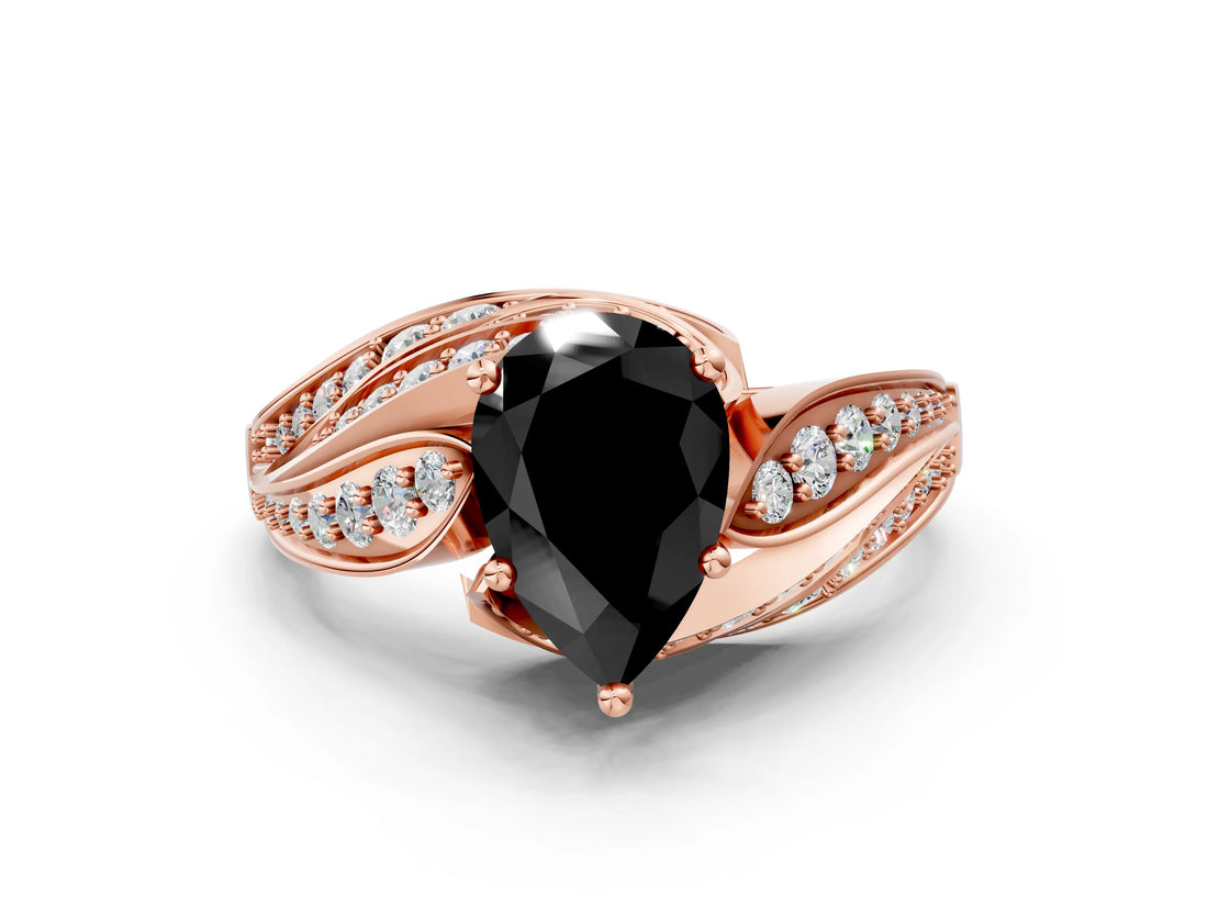 Rose gold Fancy Black Pear Cut Diamond Solitaire Ring with Prong Setting and Twisted Pavé Band