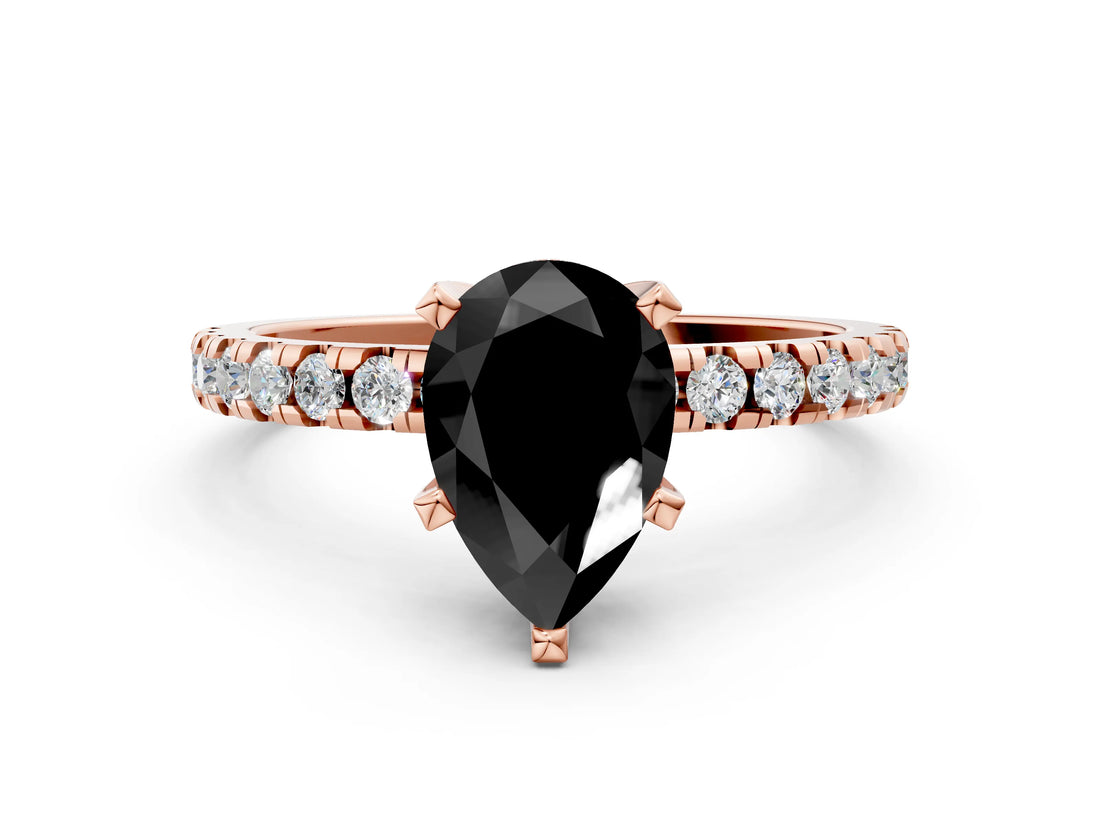 Rose gold Fancy Black Pear Cut Diamond Solitaire Ring with Round  Pavé Band and Four-Prong Setting_36