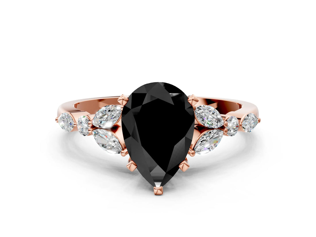 Rose gold Fancy Black Pear Cut Diamond Solitaire Ring with Side Stones and Four-Prong Setting_12