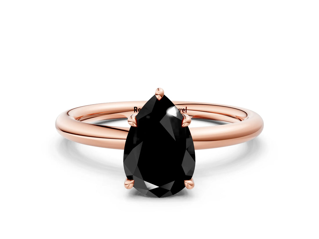 Rose gold Fancy Black Pear Cut Diamond Solitaire Ring with Thin Band and Four-Prong Setting