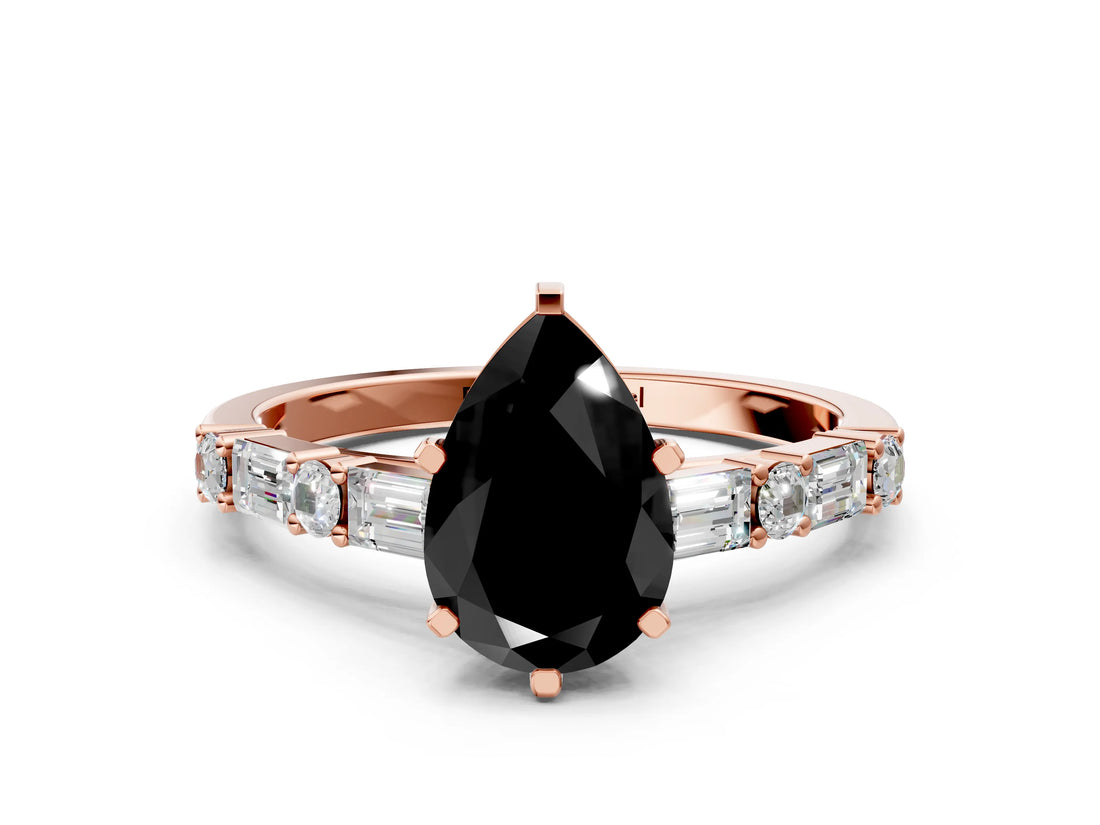 Rose gold Fancy Black Pear Cut Diamond Solitaire with Side Baguettes and Channel Set Band