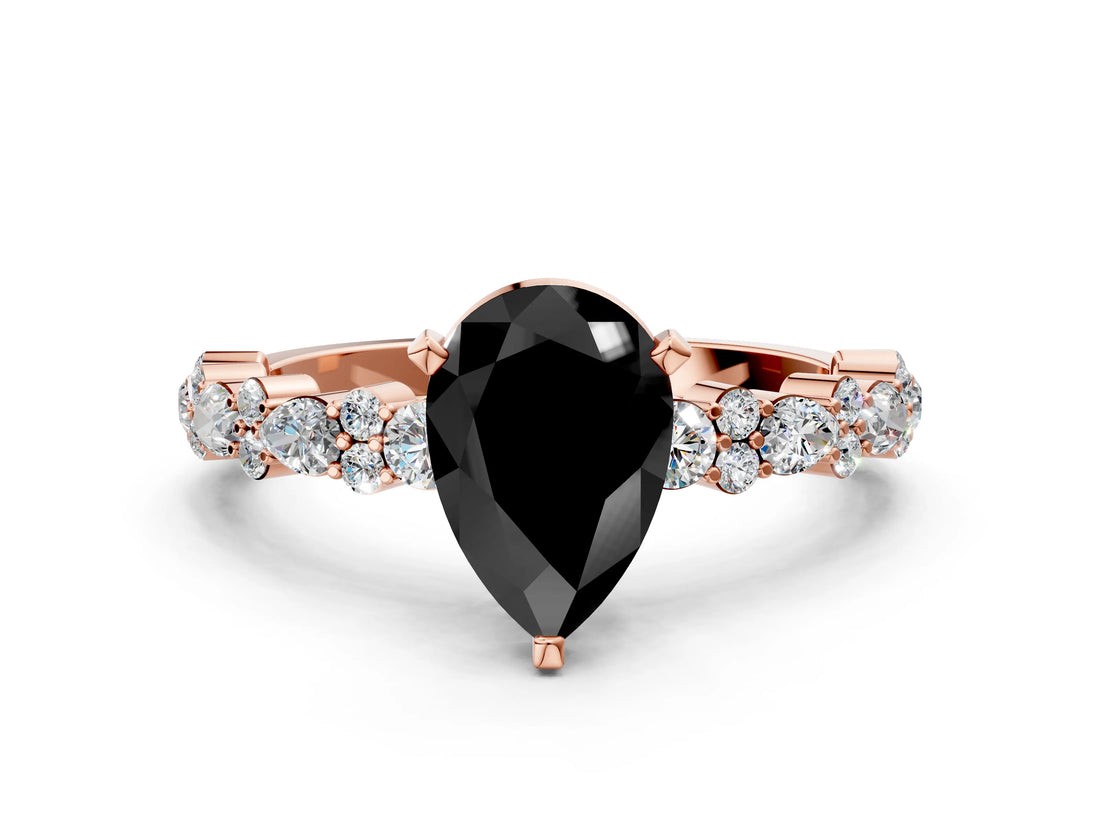 Rose gold Fancy Black Pear Cut Diamond Solitaire with Side Stones, Pave Band, Four-Prong Setting_24