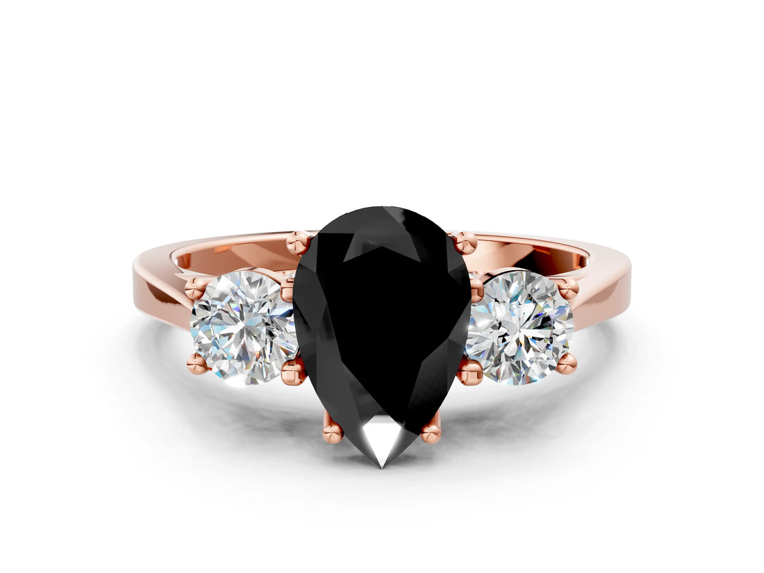 Rose gold Fancy Black Pear Cut Diamond Three-Stone Engagement Ring with Prong Setting and Pavé Band