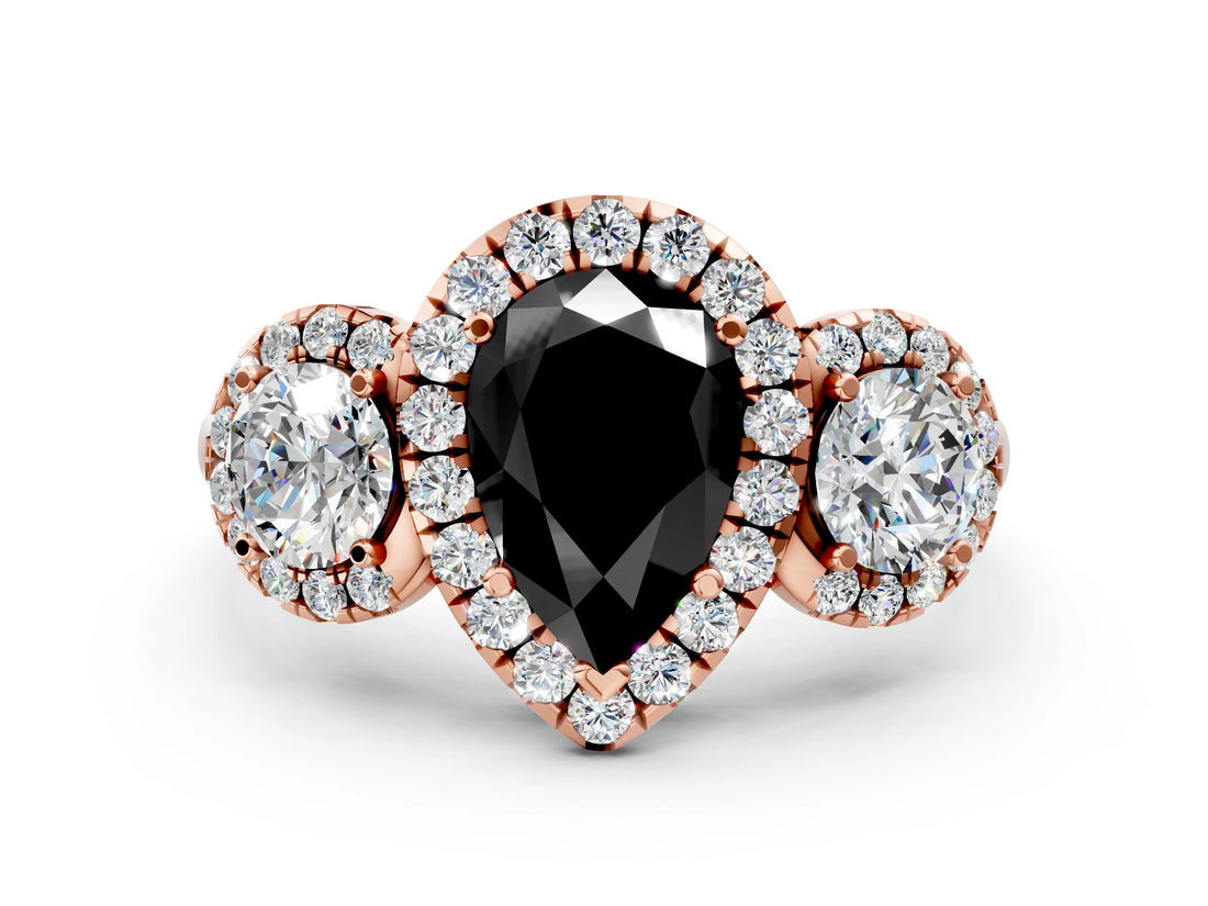 Rose gold Fancy Black Pear Cut Diamond Three-Stone Halo Ring with Prong Setting and Pavé Accents