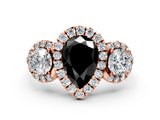Rose gold Fancy Black Pear Cut Diamond Three-Stone Halo Ring with Prong Setting and Pavé Accents