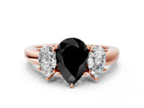 Rose gold Fancy Black Pear Cut Diamond Three-Stone Ring with Four-Prong Setting and Classic Band