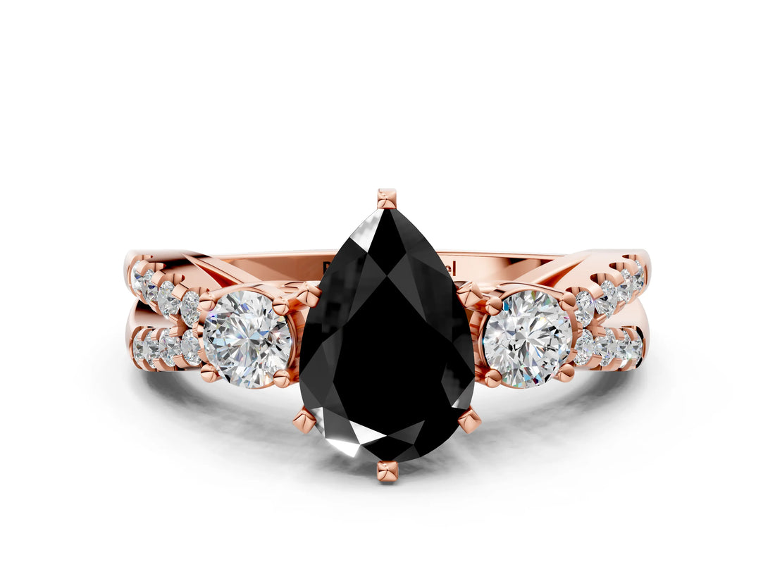 Rose gold Fancy Black Pear Cut Diamond Three-Stone Ring with Pavé Split Shank and Four-Prong Setting