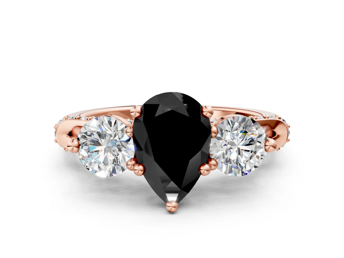 Rose gold Fancy Black Pear Cut Diamond Three-Stone Ring with Prong Setting and Pavé Band