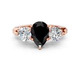 Rose gold Fancy Black Pear Cut Diamond Three-Stone Ring with Prong Setting and Pavé Band
