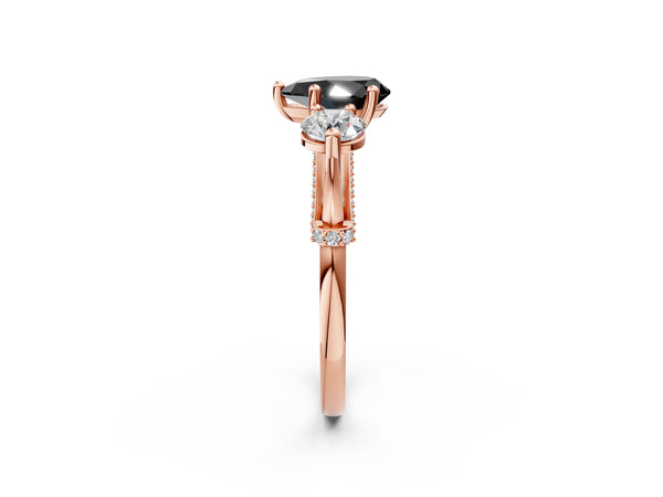 Rose Gold Pear-Shaped Curved Pave Three Stone Engagement Ring Setting for Black Center